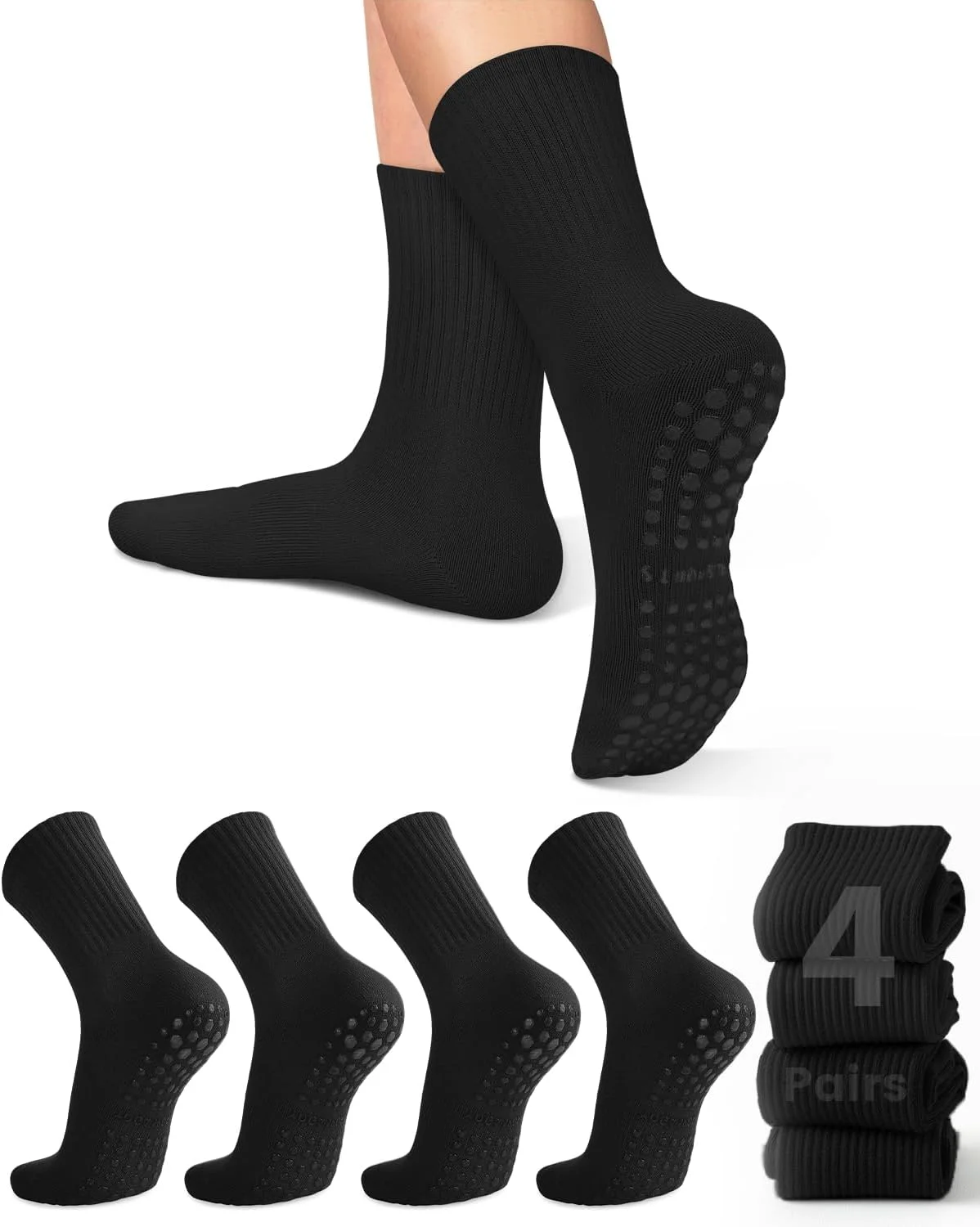 Pilates & Yoga Vida - 女性用ヨガソックス4足、ソリッドカラーのミッドソール滑り止めグリップ付きヨガピラティスバレエソックス